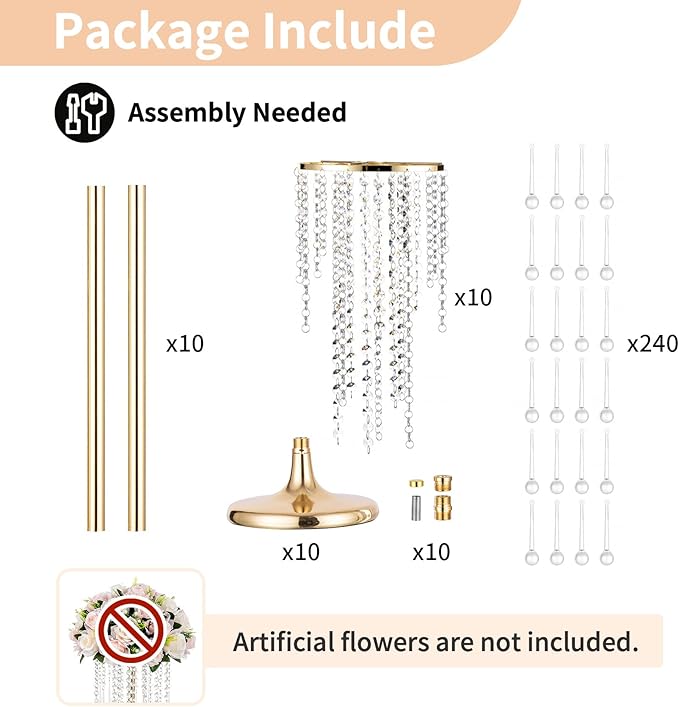 NUPTIO Gold Vases for Centerpieces Wedding - 10 Pcs 21.7in Tall Vase Centerpieces for Tables - Chandelier Flower Stand Bulk