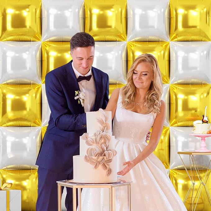 NISOCY 25PCS Gold White Square Foil Balloons Wall Backdrop Double Sided Gold Pearl White Balloon Arch Kit for Birthday New Year Wedding Engagement Bridal Shower Party Decorations