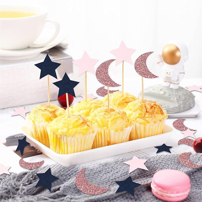 Navy-Blue Pink Rose-Gold Moon-Star Confetti - 300pcs Glitter Twinkle Little Star Table Confetti Eid Ramadan Mubarak Decoration Gender Reveal Birthday Wedding Baby Shower Party Decor Lasting Surprise