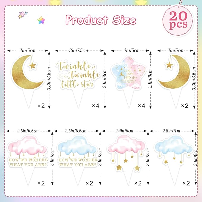 20 PCS Baby Shower Cupcake Toppers, Twinkle Twinkle Little Star Gender Reveal Decorations, Cake Party Supplies Decorations Gender Reveal Party Decorations for Baby Shower Boy Girl Birthday