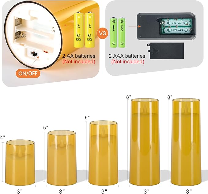 Homemory Realistic Flickering Flameless Candles, Battery Operated Candles with Remote Control and Timer, LED Fake Electric Candle for Home, Christmas Decoration, Gold, Set of 5