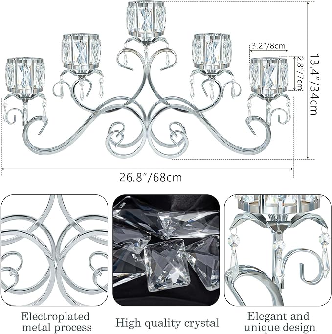 Silver 5 Arms 26.8 Inches Wide Crystal Pendant Bowl Tea Light Candle Holder, Large Bling Centerpiece Table Decorations, Metal Votive Candle Holders for Dining Table (Silver, Cup-Shaped)