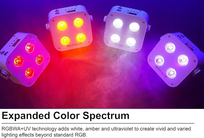 Rockville MINI RF4 V2 White LED Wash Up Light RGBWA+UV, Compact, App, Remote Control, LCD, Wireless DMX, Rechargeable, Perfect for DJ/Party Lighting