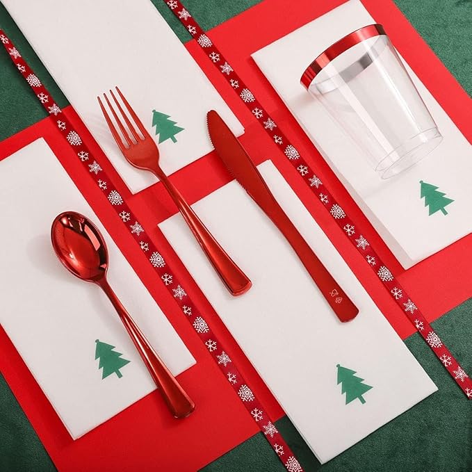 WDF 175pcs Christmas Plates Dinnerware - 25 Guests Unquie Desgin Red Plastic Plates with Green Christmas Tree Pattern, Red Plastic Cutlery, Clear Cups and Napkins