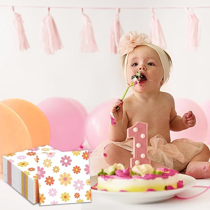 120 PCS Daisy Paper Napkins Groovy Daisy Boho Dinner Napkins Disposable Flower Decorative Party Napkin for Baby Shower Birthday Wedding Seasonal Holiday Party Supplies