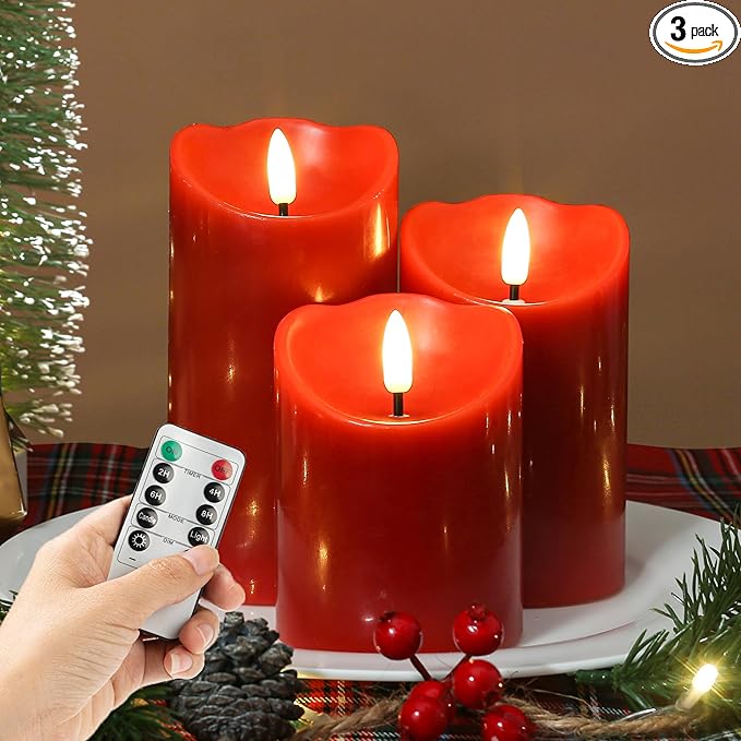 Flameless Candles with Remote, Battery Operated Christmas Candles with Timer Real Wax LED Flickering Fake Electric Candles for Christmas Party Home Decor, Set of 3 (Red)