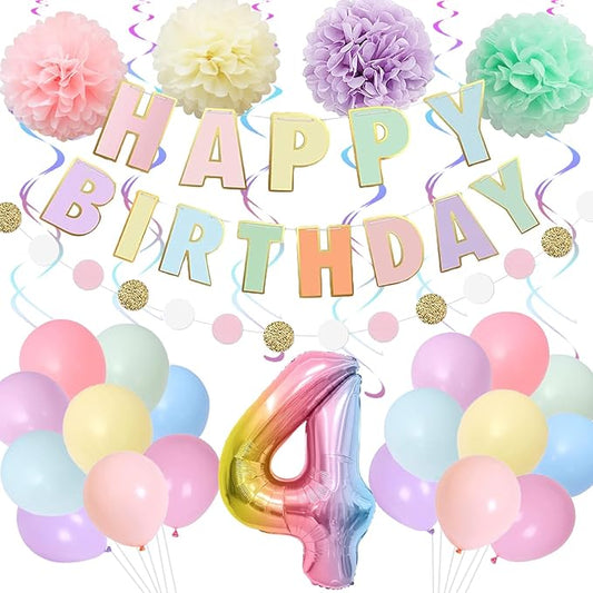 BRT Bearingshui 4th Birthday Decorations - 40 Inch Rainbow Gradient Number 4 Balloon, Happy Birthday Banner, Children's Party Supplies for Kids