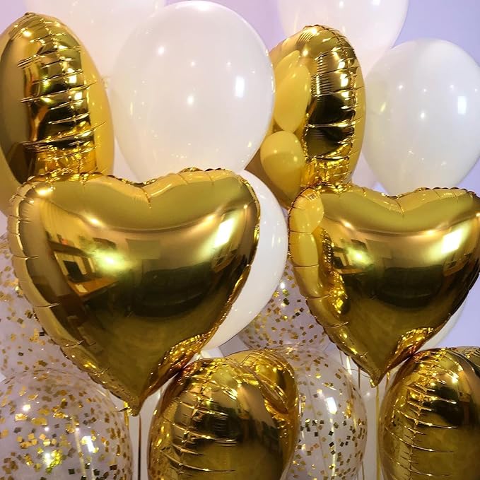 Gold Heart Foil Heart Shaped Balloons, 10PCS Gold Foil Heart Balloons Valentines Balloons, 18inch Gold Love Foil Balloons for Helium Valentine Decorations for Gold Wedding, Brithday Party, Anniversary