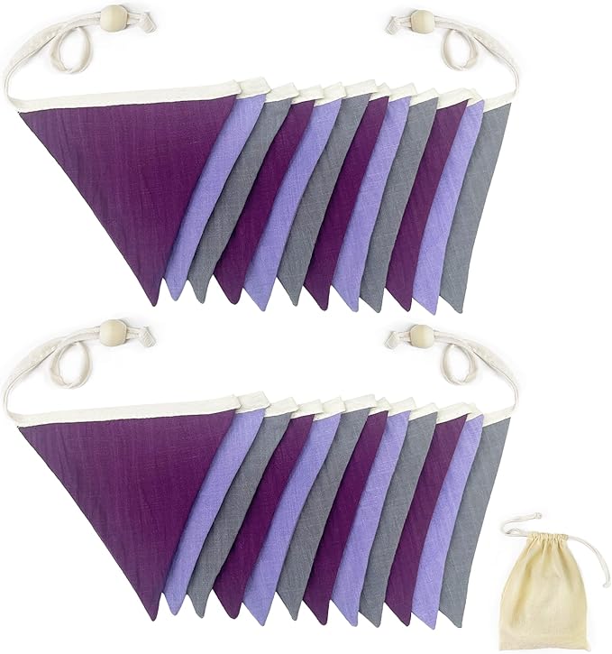 2 Sets of Purple Grey Nursery Garland 24Pcs Grey Purple Fabric Linen Pennant Banner Flags Triangle Streamers for Baby Playroom Decor Kids Girls Lavender Birthday Baby Shower Boho Party Decorations
