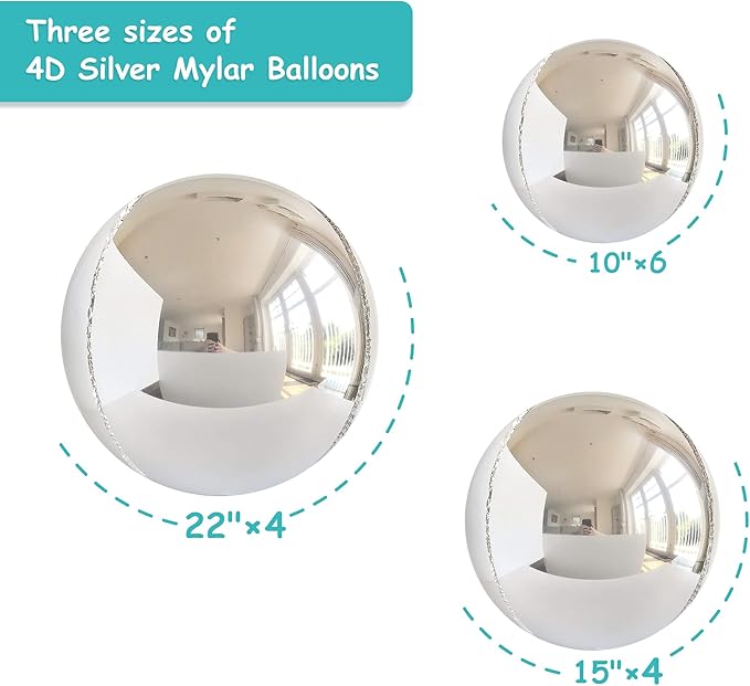 14pcs Silver Foil Balloons Mylar Metallic 22in 15in 10in Different Sizes Large Chrome 360 Degree 4d Round Helium Silver Balloons Party Decorations