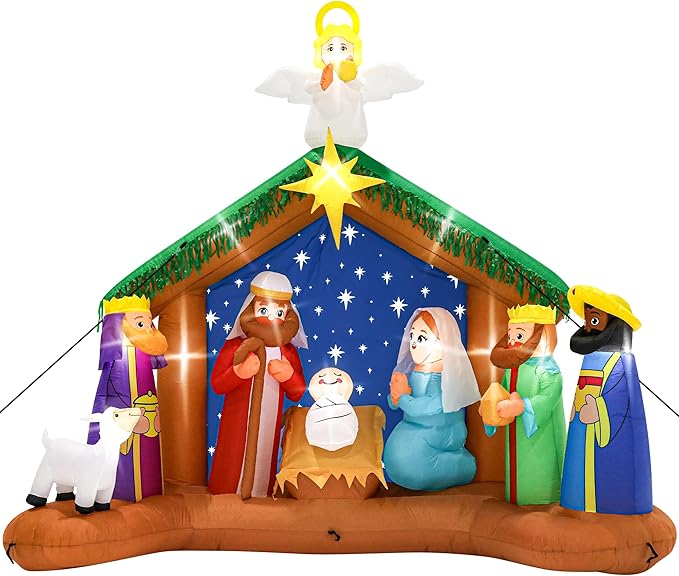 10FT Christmas Inflatables Decor, Blow Up Christmas Nativity Scene, LED Lighted The Birth of Jesus Scene Inflatables Decor, Outdoor Inflatable Decorations for Xmas Yard Lawn Patio