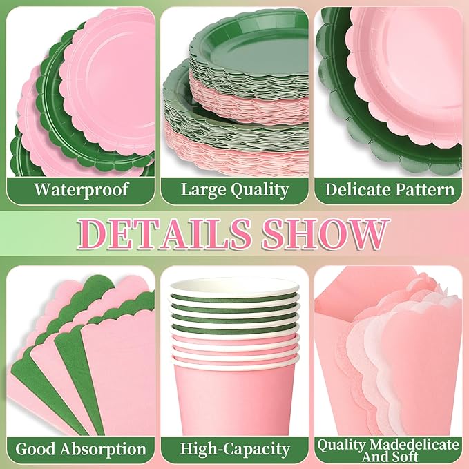 260 Pcs Green And Pink Party Supplies - For 52 Guests Paper Plates And Napkins/Cups - Disposable Small Scalloped Dinner Party Set Cutlery - For Bbq Baby Shower Bridal Shower Wedding