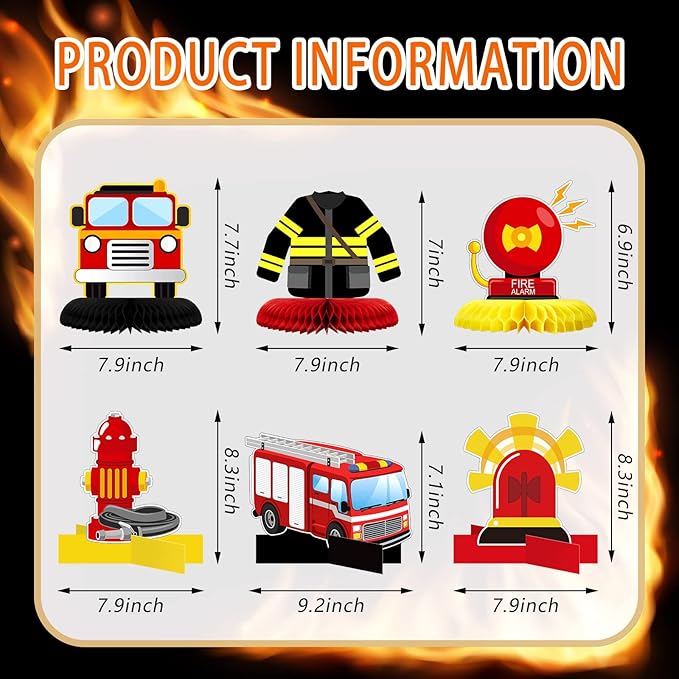 Epakh 10 Pcs Firetruck Birthday Party Decorations Fire Truck Themed Table Supplies Firetruck Honeycomb Centerpieces Fire Truck Plates Firefighter Hat Extinguisher Fireman Party Favor Supplies for Kids