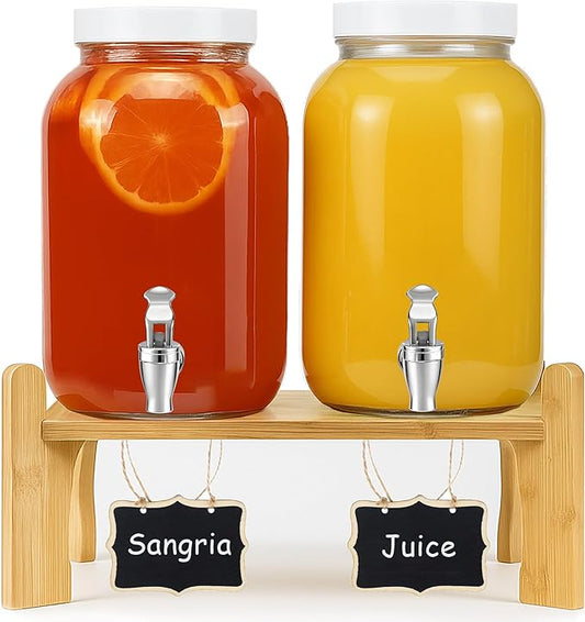 1 Gallon Large Glass Drink Dispensers with Stand for Parties, Glass Iced Beverage Dispensers with Spigot, Reusable Water Dispenser Countertop (2 Pack)
