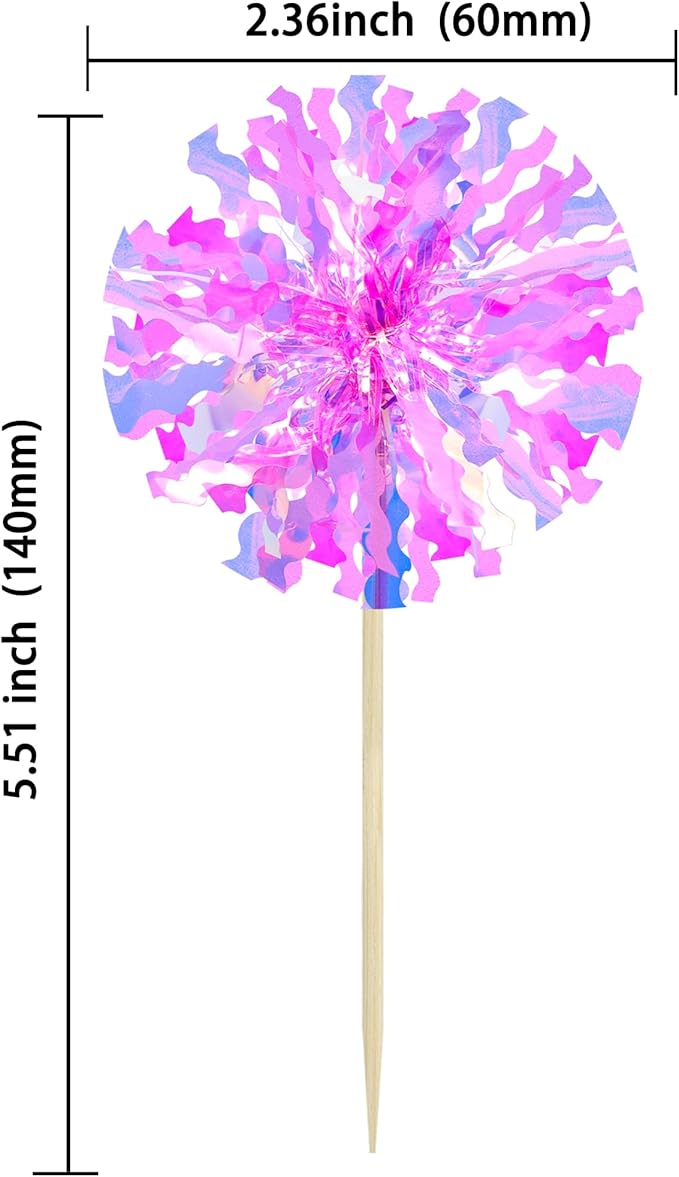Ephlyn 30Pcs Foil Firework Cupcake Toppers Happy Birthday Cake Toppers Tinsel Flower Drink Stirrers Cocktail Food Fruit Toothpicks for Valentine's Day Party Decorations Rose Red