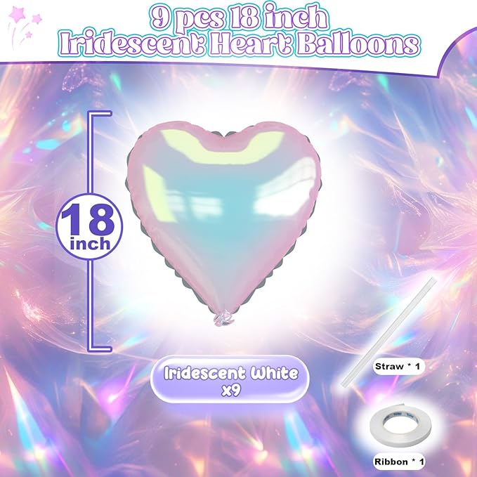 Iridescent Heart Balloons 9PCS 18In Transparent Laser Heart Foil Balloon Large Gradient Crystal Iridescent Colorful Balloon for Birthday Wedding Easter Rainbow Winter Mermaid Fantasy Theme Party Decor