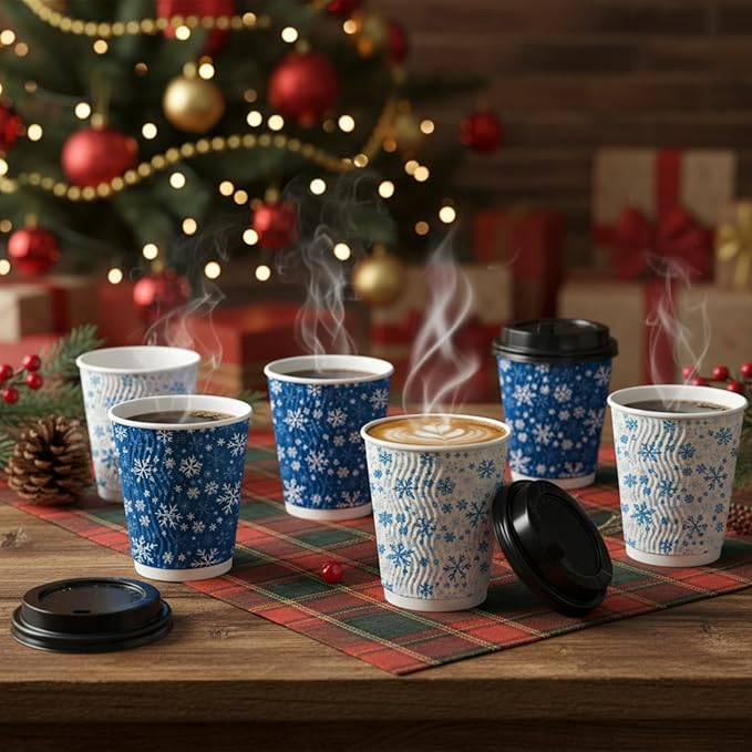 Pickmesh 100 Pcs Christmas Disposable Coffee Cups with Lids 12 oz Corrugated Paper Cups Blue and White Snowflake Drinkware for Xmas Winter Holiday Hot and Cold Beverages Home Party Supplies