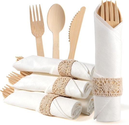 Pre Rolled Napkin and Bamboo Cutlery Set - 100 Pack Bamboo Utensils Wooden Cutlery 100 Forks 100 Knives 100 Spoons 100 Napkins, Pre Wrapped Disposable Silverware Cutlery for Party, Wedding, Events