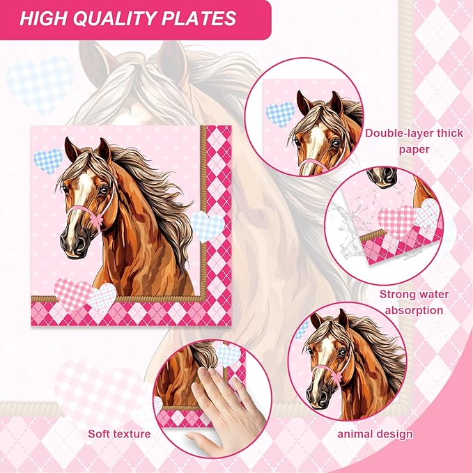 96Pcs Horse Party Supplies Pink Mustang Tableware Set Plates Napkins Forks Serves 24 Guests Pink Cowgirl Baby Shower Birthday Party Decorations
