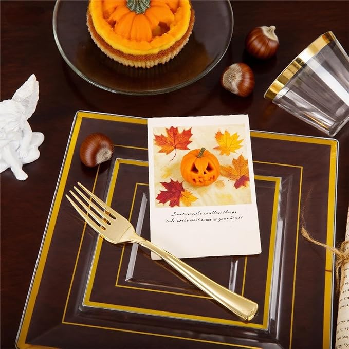 Festiva 350Pcs Clear Plastic Plates with Gold rim - Clear Gold Disposable Dinnerware for 50 Guests includeSquare Plastic Plates/Cups/Cutlery/Napkins Perfect for Thanksgiving Party&Wedding &Xmas