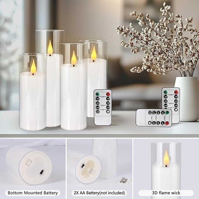 Set of 24 Flickering Flameless Candles Battery Operated with Remote and 2/4/6/8 H Timer Plexiglass Led Pillar Candles with Realistic Moving Wick Candles for Home Decor (D2.2"xH 5"6"7")(White)
