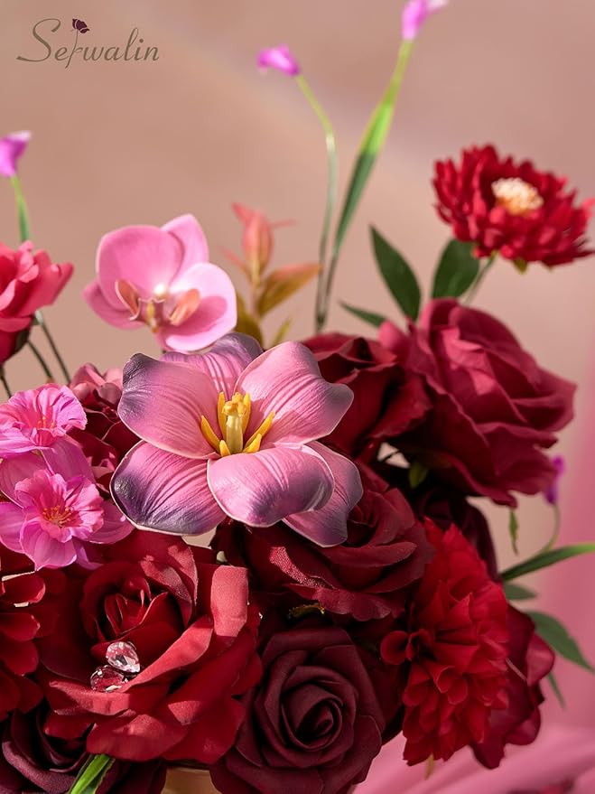 Serwalin Artificial Burgundy & Fuchsia Flowers, Silk Fake Flowers Stems for Wedding Bouquets DIY, Baby Shower Centerpieces, Cake Decor, Birthday Party & Home Decor