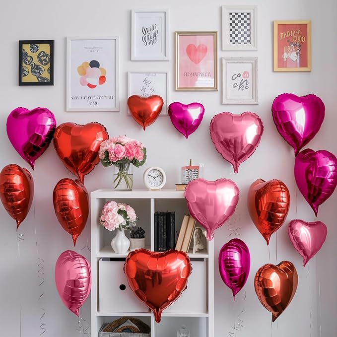 Red Pink Heart Balloons, 19PCS Light Pink Heart Shape Balloon, 18Inch with 10Inch Hot Pink and Red Helium Foil Love Heart Balloon for Birthday Bridal Shower Wedding Valentine Anniversary Decorations