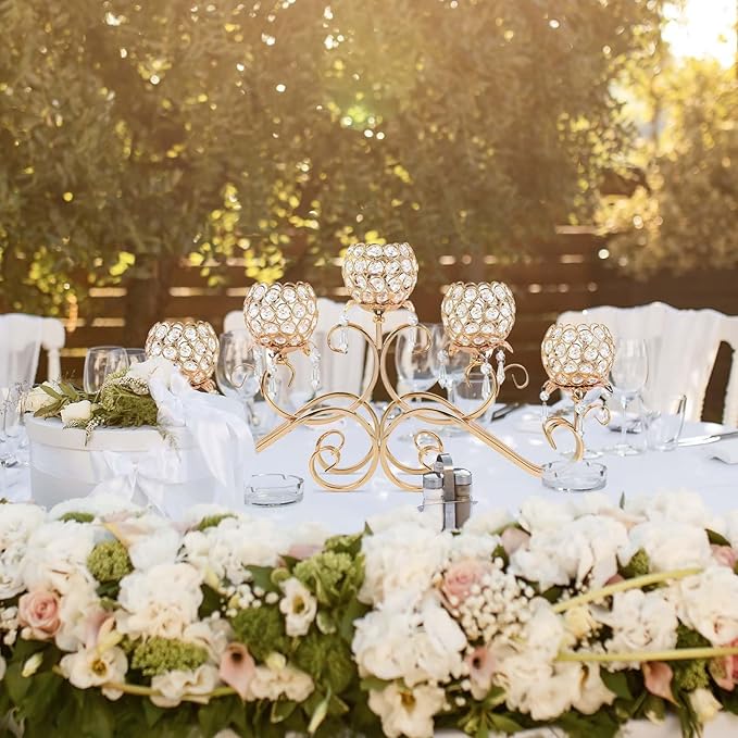 Gold 5 Arms 26.8 Inches Wide Crystal Pendant Bowl Tea Light Candle Holder, Large Bling Centerpiece Table Decorations, Metal Votive Candle Holders for Dining Table (Gold, Bowl-Shaped)