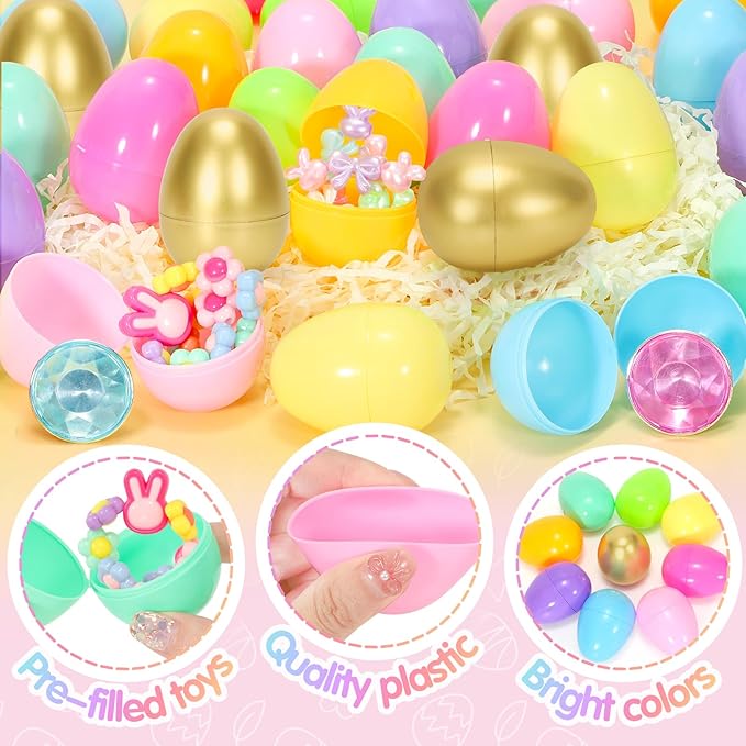 SevenQ Prefilled Easter Eggs with Bracelets Rings 24 Pack Kids Jewelry for Girls Easter Basket Stuffers Gifts for Kids Fidget Toys Fillers Princess Party Favors Classroom Treasure Box Egg Hunt Games