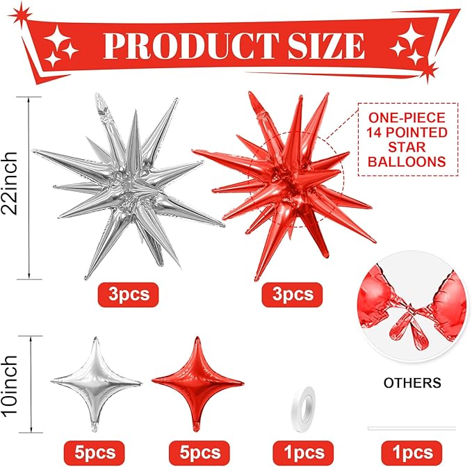 Red Silver Star Balloons Kit with 6pcs 22in Cone Foil Balloons and 10pcs 10in Four Pointed Star Balloons for Birthday New Year Christmas Anniversary Disco Party Decorations