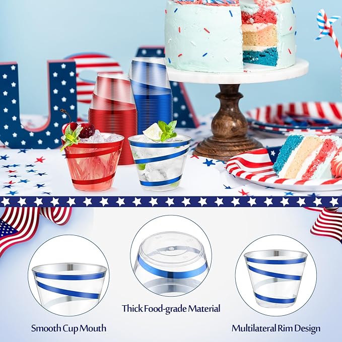 Gejoy 9 oz Rimmed Swirl Plastic Cups Disposable Wine Drinking Cups Clear Elegant Halloween Tumblers for Christmas Party Supplies(Red, Blue,100 Pcs)