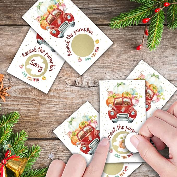 REWIDPARTY Thanksgiving Party Game Scratch Off Cards（32 PCS） Pumpkin Truck Scratch Off Cards Funny Thanksgiving Raffle Tickets Prizes for Family Kids Adults Harvest Pumpkin Party Game Supplies