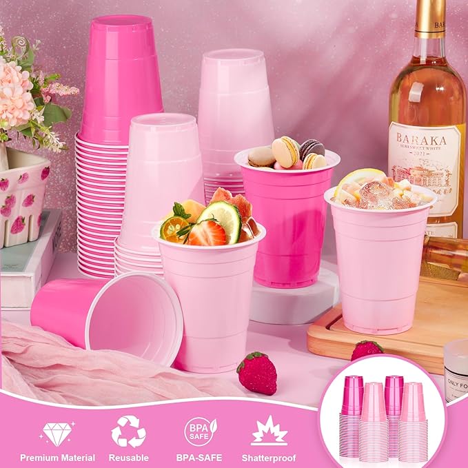 KesaPlan 100 PCS 16 OZ Plastic Cups Party Cups Pink and Hot Pink Cups Disposable Cups Bulk for Party Graduation Thanksgiving Wedding Birthday Christmas Halloween Family Gatherings Festive Celebrations
