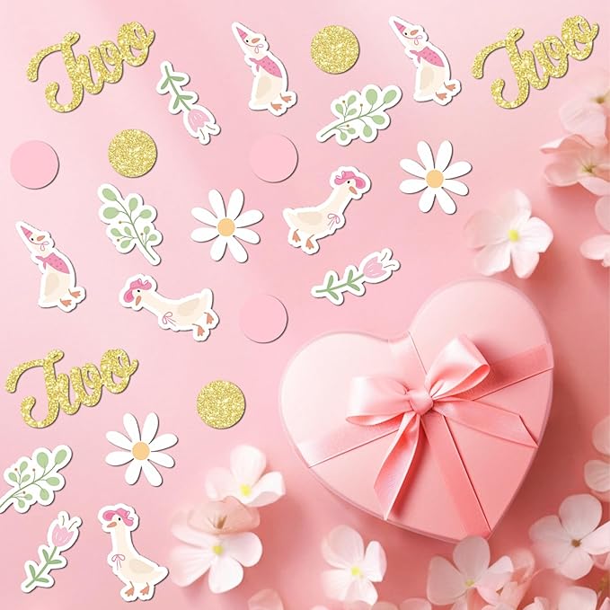 220PCS Two Silly Goose Birthday Decorations for Girl, Goose Dot Leaves Flower 2nd Birthday Confetti for Pink and Gold 2 Year Old Bday Decor