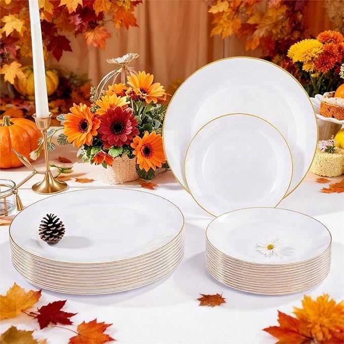 Festiva 350Pcs Gold Plastic Plates - White and Gold Dinnerware Set Disposable include 10" & 7" Plates,Cups,Silverware,Napkins -serve 50 Guests Perfect for Wedding& Chritmas &Thanksgiving Party