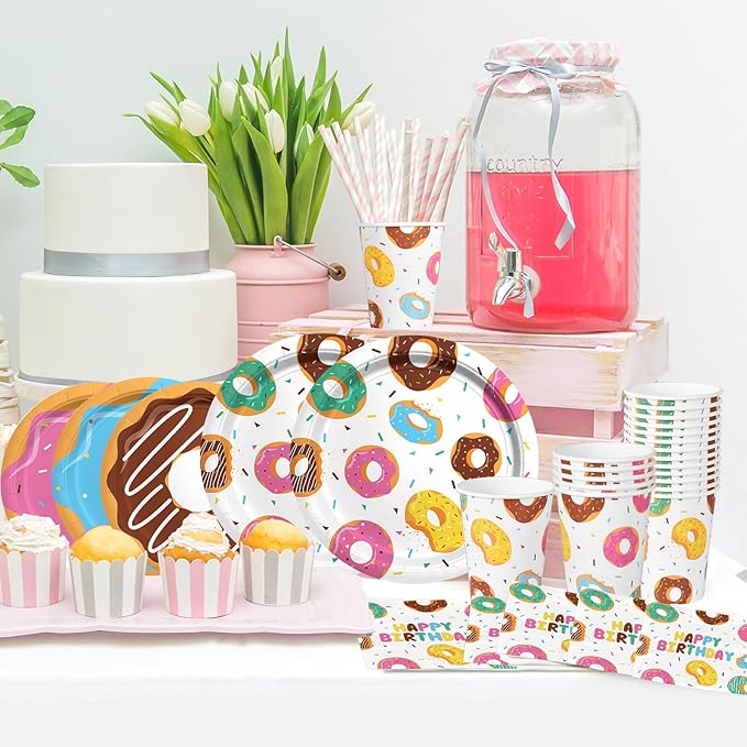 Donut Party Supplies Kit for 24 - Sweet 1st Birthday, Two Sweet and Donut Grow Up Birthday Themes | Includes Plates, Napkins, Cups, Tablecloth & Banner for Donut Party Decorations & Favors