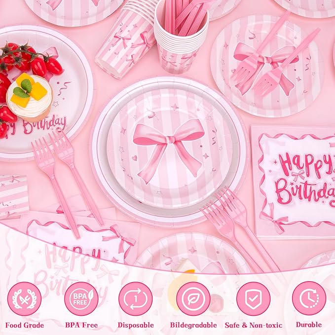 REDWORD Pink Bow Birthday Decorations, 120Pcs Bow Party Tableware Plates Napkins Cups for Pink Birthday Girls Bachelorette Party Decorations-Serves 24