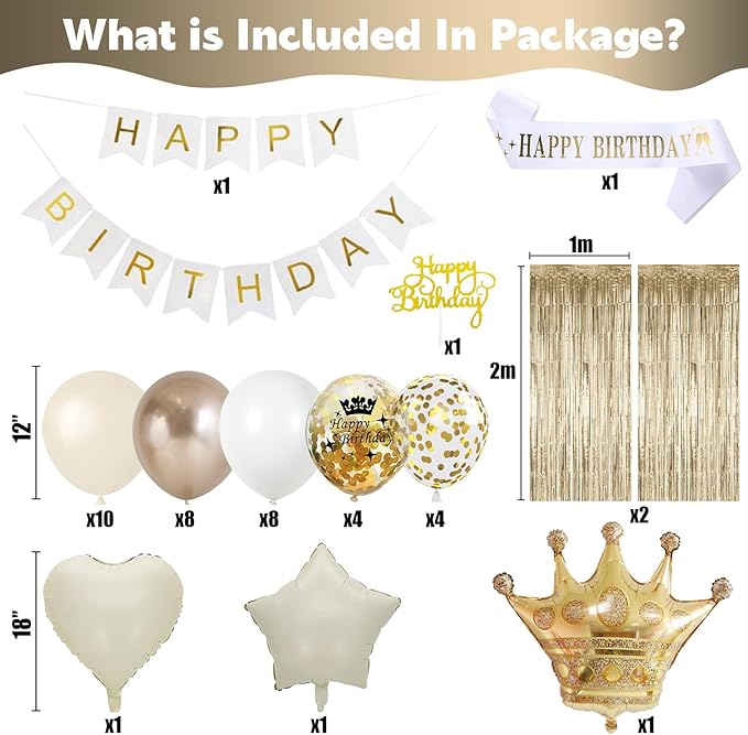 White & Gold Birthday Decor - Cream Champagne Gold Balloons, Banner, Foil Balloons, Fringe Curtain for Boho Party Supplies