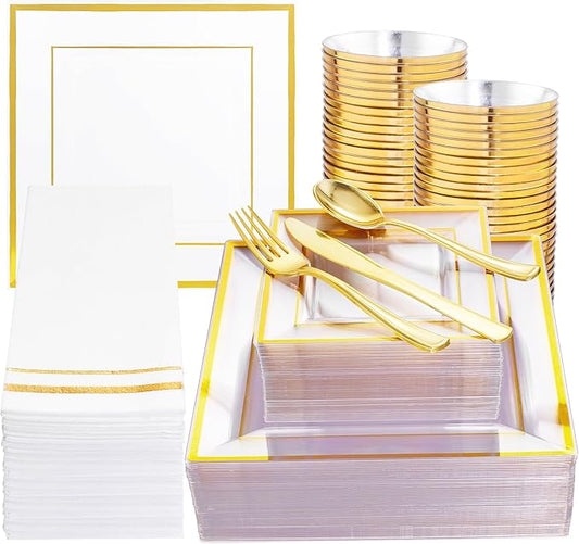 Festiva 350Pcs Clear Plastic Plates with Gold rim - Clear Gold Disposable Dinnerware for 50 Guests includeSquare Plastic Plates/Cups/Cutlery/Napkins Perfect for Thanksgiving Party&Wedding &Xmas