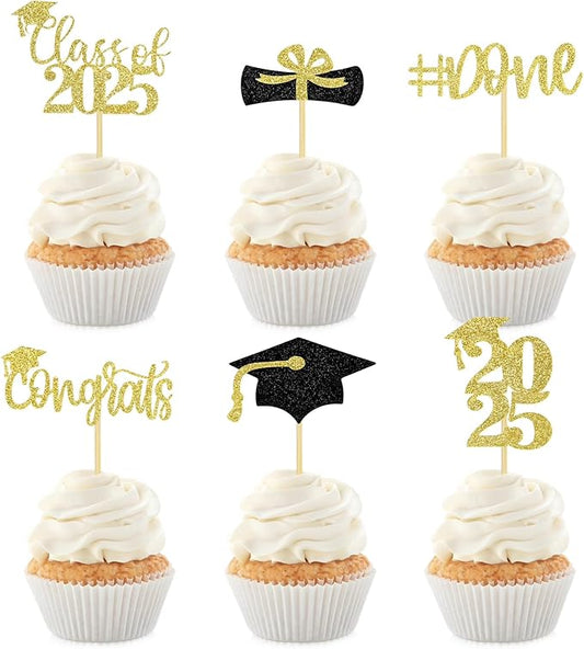 24Pcs Graduation Cupcake Toppers Glitter Congrats Grad Diploma 2025 Graduation Cap Cupcake Picks Class of 2025 Cake Decorations for 2025 Gra Theme Party Supplies(gold)