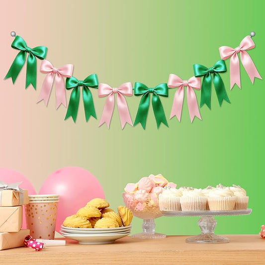 1 String of 8PCS Pink&Green Bow Garland Banner Wicked Party Decoration,Pre-Strung Satin Ribbon Ornaments for Birthday,Bachelorette Party,Wedding,Engagement,Baby Shower,Graduation Decor,Anniversary