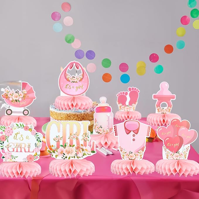 Gyufise 9Pcs Pink Baby Shower Decorations Honeycomb Centerpieces for Girls Floral It's a Girl Gender Reveal Table Centerpiece Party Supplies Baby Girl Pregnancy Announcement Table Topper