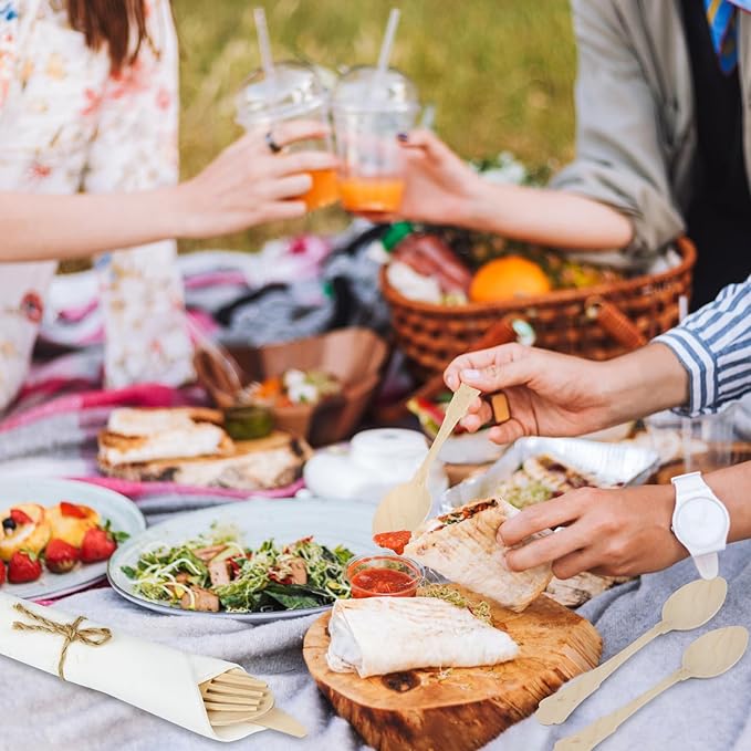 100Pack Pre Wrapped Disposable Wooden Cutlery - Pre Rolled Wooden Spoons Forks Knives with Napkins, Wrapped Silverware Set Disposable, Biodegradable Cutlery with Napkins for Wedding