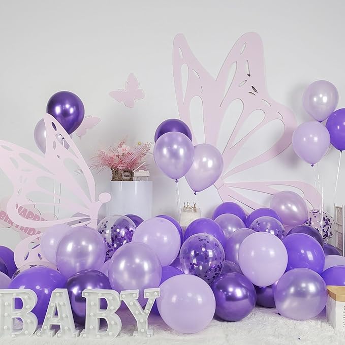Purple Mixed Balloons, 60 PCS 12inch Lavender Balloons Metallic Purple Confetti Latex Balloon for Girls Women Birthday Baby Shower Bridal Shower Wedding Party Decorations