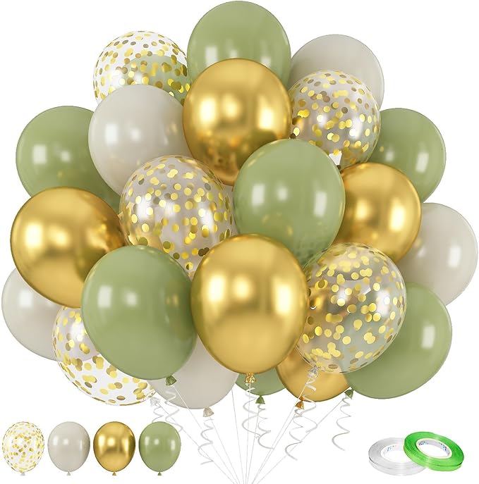 Sage Green and Gold Balloons, 60pcs 12 Inch Sage Green White Sand Balloon Set with Metallic Chrome Gold Confetti Latex Helium Balloons for Jungle Safari Forest Theme Birthday Graduation Party Supplies