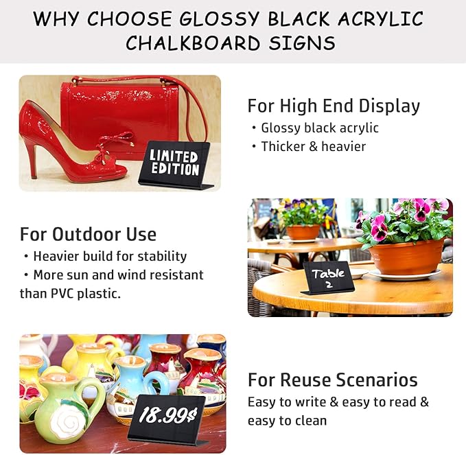 PigPotParty Acrylic Mini Chalkboard Signs for Outdoor Party Buffet, 12 Pcs 4"x3", Glossy Black Elegant Food Labels for Wedding, Table Signs, Place Cards, Include 2 Wet Erase Markers