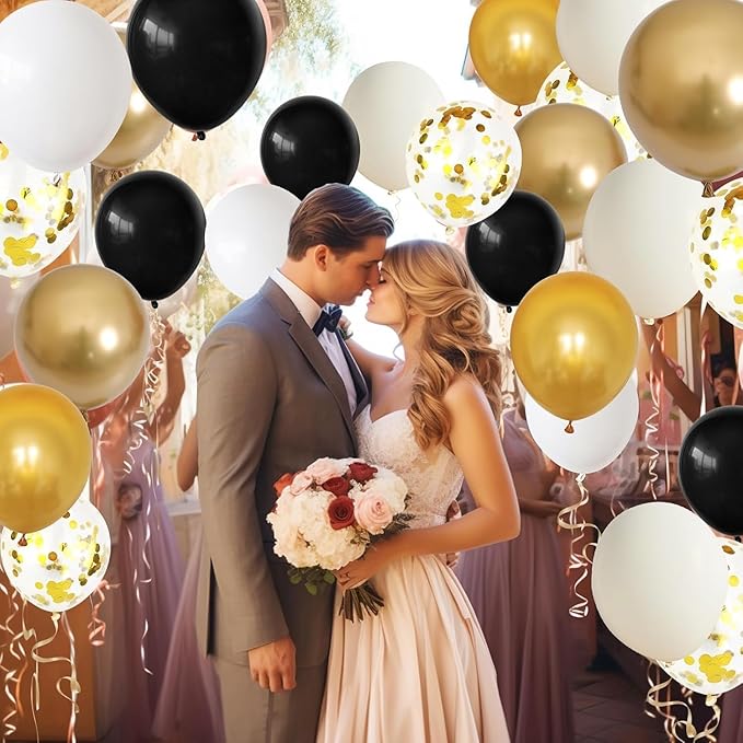 Black Gold Beige Balloons, 60PCS Black Gold White Sand Balloons Party Balloon with Metallic Gold Confetti Party Balloon for Graduation, Weddings, Birthday, New Year Decorations
