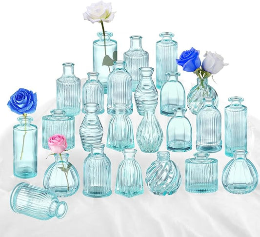 Bud Vases in Bulk 24, Blue Glass Vase, Small Vases for Flowers, Modern Ribbed Glass Bud Vase Wedding Flower Vase Blue Decor Baby Shower Party Centerpieces Home Room Table Decorations