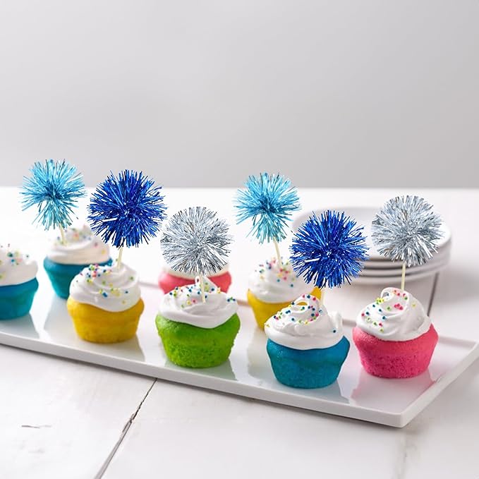 Gyufise 30Pcs Foil Firework Cupcake Toppers Sparkle Tinsel Cake Toppers Tinsel Drink Cake Decoration Cocktail Picks for Birthday Wedding Graduation Party Supplies Blue Silver