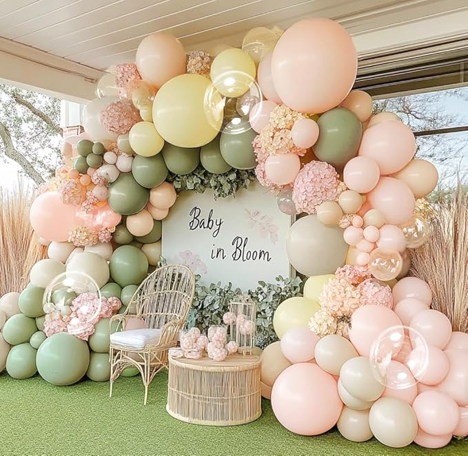 Pink Green Yellow Balloon Arch Kit, Double Stuffed Sage Green Pastel Pink Yellow White Sand Balloon Garland Beige Cream Balloons for Baby Shower Birthday Wedding Bridal Fairy Flower Tea Party Decor